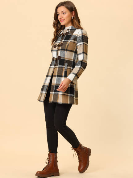 Allegra K- Turn Down Collar Plaid Toggle Duffle Long Overcoat