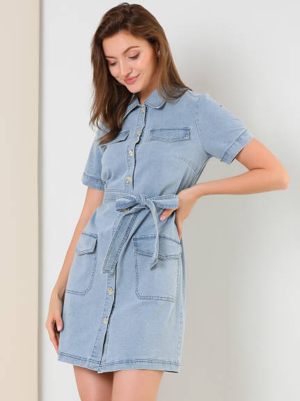 Allegra K- Belted Jean Denim ShirtDress