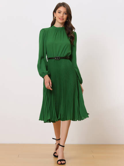 Allegra K- Elegant Long Sleeve Pleated Midi Shirt Dress