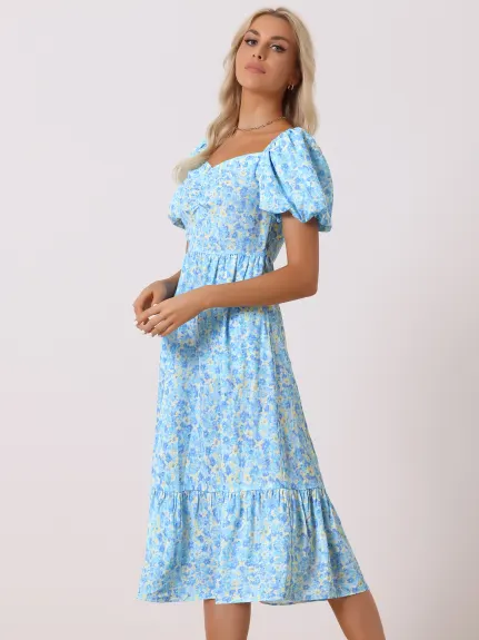 Allegra K- Floral Puff Short Sleeve A-Line Midi Dress