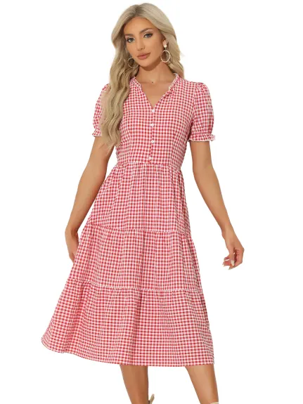 Allegra K- Gingham voffle Trim V robe bouton col