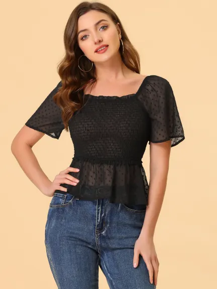 Allegra K- Flare Short Sleeve Crop Smocked Peplum Blouse