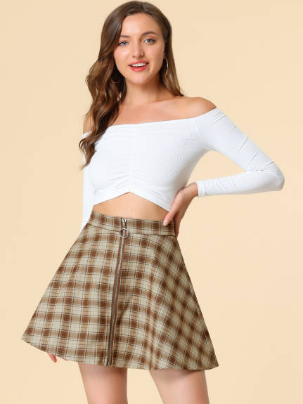 Allegra K- Plaid Zip-Up A-Line Flare Mini Skirt