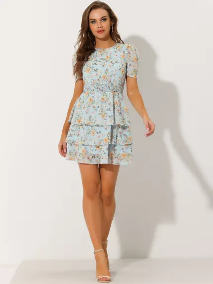 Allegra K- Layered Floral Chiffon Shirred Summer Mini Dress