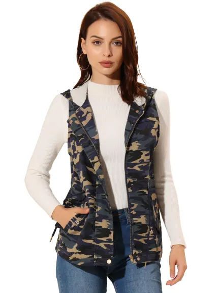 Allegra K- Camo Drawstring Waist Hooded Jacket Cargo Vest