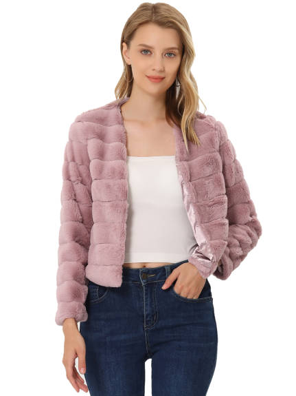 Allegra K- Cropped Collarless Faux Fur Fluffy Coat Jacket