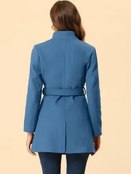 Allegra K- Classic Stand Collar Belted Long Coat