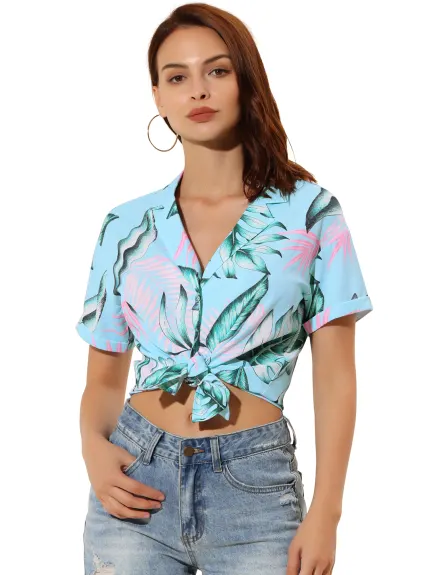 Allegra K- Beach Tropical Floral Leaves Button Down Shirts