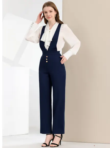 Allegra K - Wide Leg Jumpsuit Suspenders Pants