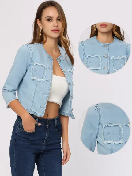 Allegra K- Veste courte en jean manches 3/4 effilochée