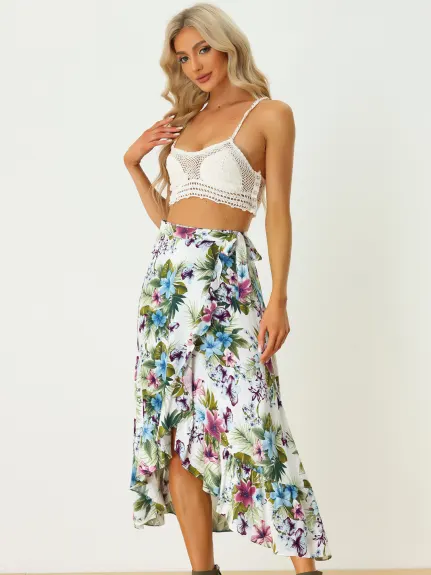 Allegra K- Self Tie Split Ruffle Wrap Midi Skirt