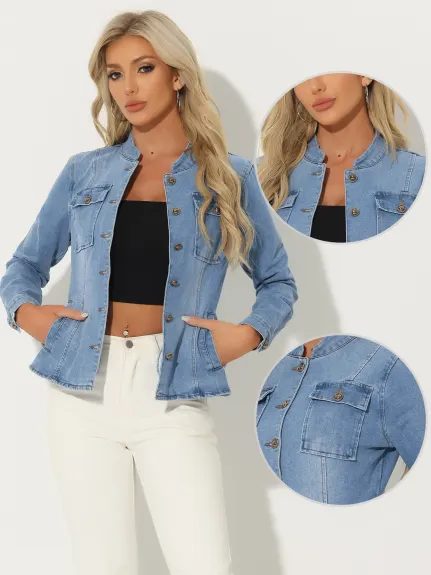 Allegra K- veste Jean Denim col debout pour femme