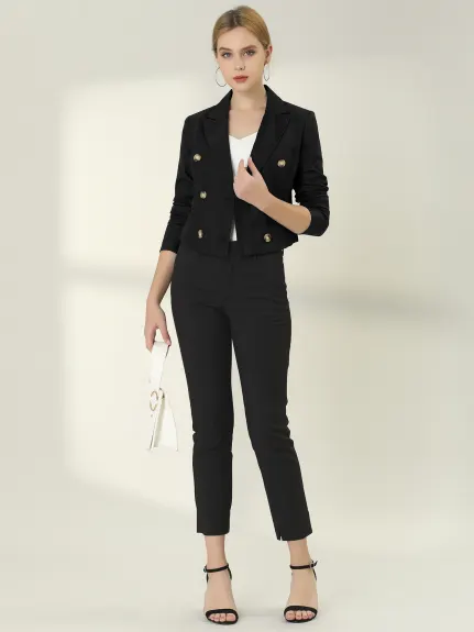 Allegra K- Double Breasted Notched Lapel Cropped Blazer