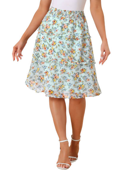 Allegra K- Floral Smocked Waist Ruffle Tiered Skirt