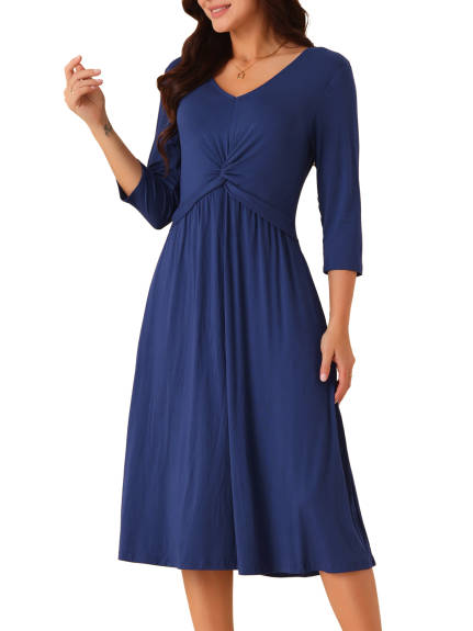 Allegra K - Twist Knot Front 3/4 Sleeve Midi Dress