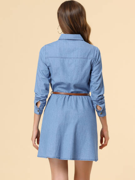 Allegra K- Long Sleeve Above Knee Denim Shirt Dress with Belt