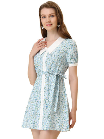 Allegra K- Cotton Collared Floral Print Button Down Belted Waist Dress