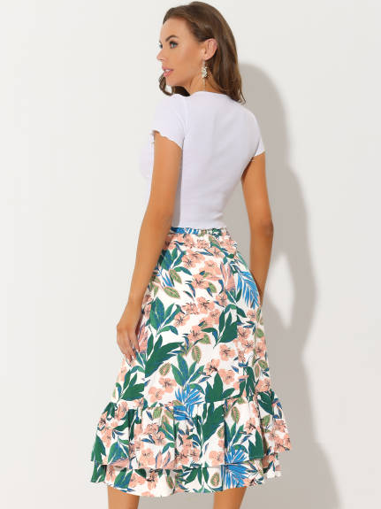 Allegra K- Printed Chiffon Ruffle Tiered Zipper Midi Skirt