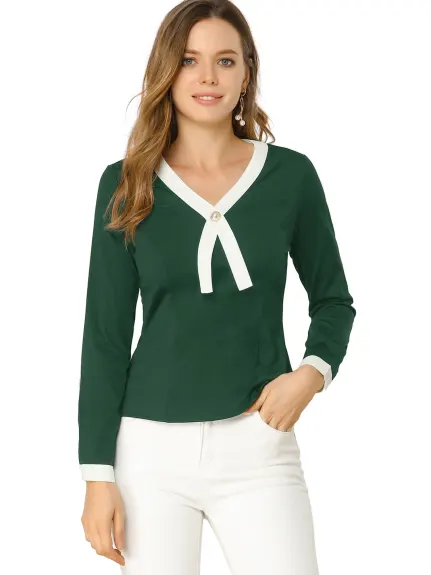 Allegra K- Contrast Trim V Neck Blouse