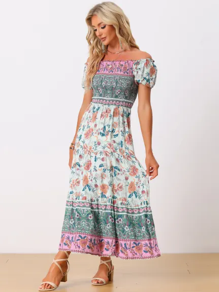 Allegra K- Boho Off-Shoulder Floral Smocked Dress