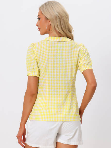 Allegra K - Puff Sleeve Peter Pan Collar Gingham Shirt