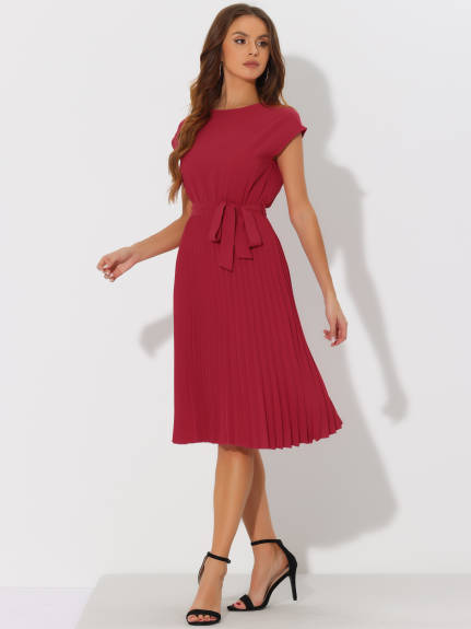 Allegra K- Pleated Crew Neck Tie Waist Dress