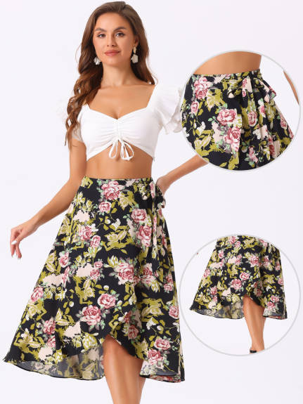 Allegra K- Floral Boho Wrap Midi Skirt