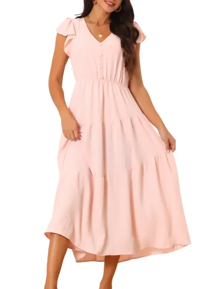 Allegra K - Flutter Sleeve Summer Tiered Maxi Dress