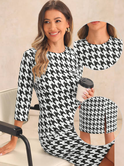 Allegra K - Houndstooth 3/4 Sleeve Bodycon Work Dress