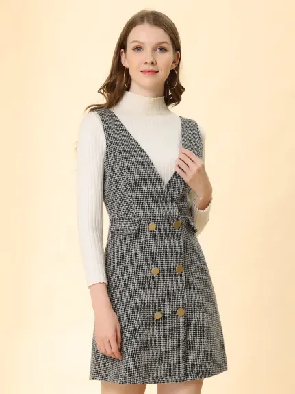 Allegra K - Jupe salopette élégante en tweed à carreaux et boutons
