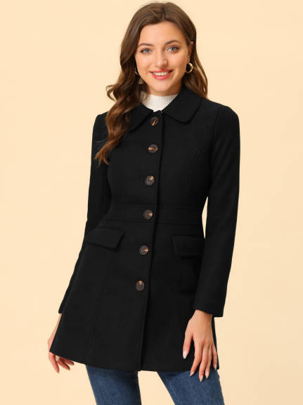 Allegra K- Peter Pan Collar Single Breasted Mid Length Overcoat