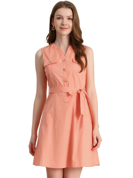 Allegra K- Belted Sleeveless Flared A-Line Shirt Dress