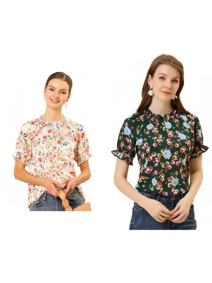 Allegra K- Floral Short Sleeve Ruffle Neck Blouse