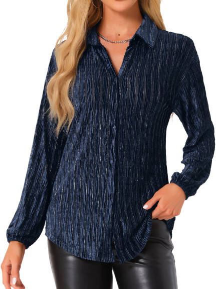 Allegra K - Button Down Loose Fit Velvet Shirt