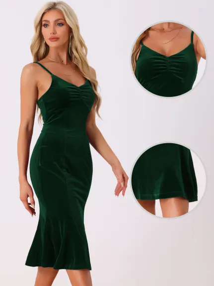 Allegra K - Velvet Spaghetti Straps V Neck Fishtail Cocktail Dress