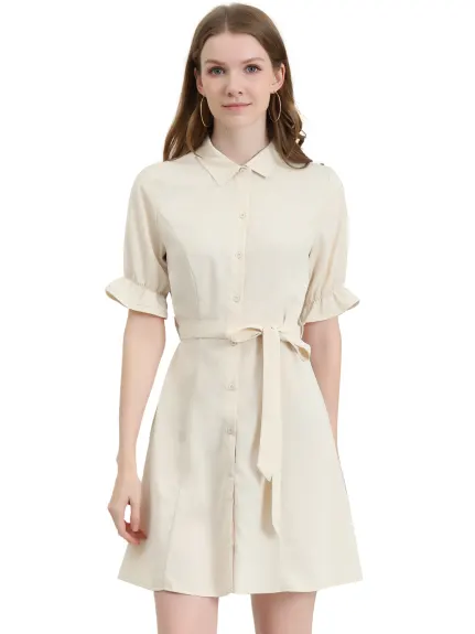 Allegra K- Ruffled Short Sleeve Belted Shirt Dress