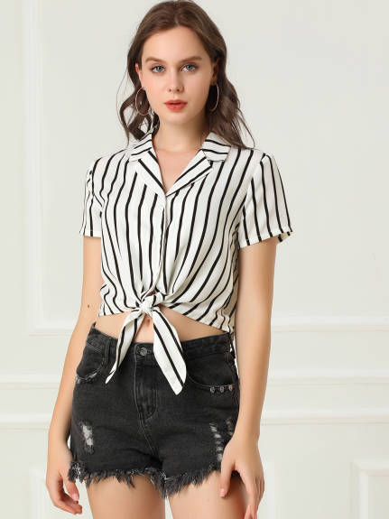 Allegra K- Striped Short Sleeve Tie Front Crop Shirt