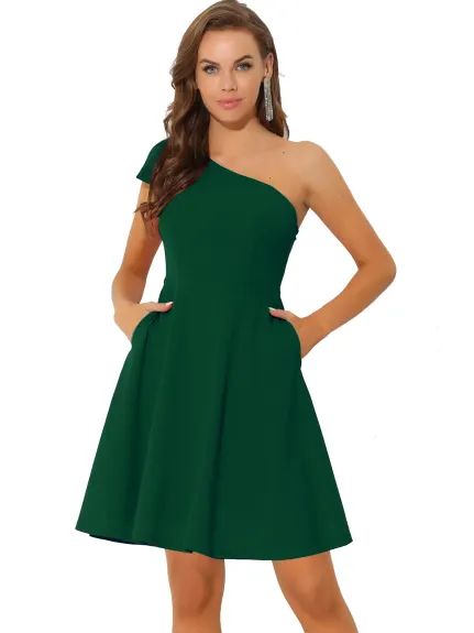 Allegra K- Elegant Flared One Shoulder Cocktail Dress