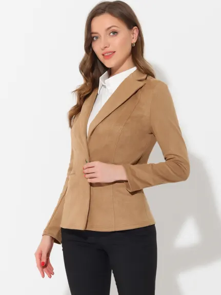 Allegra K- Notched Lapel Button Faux Suede Blazer