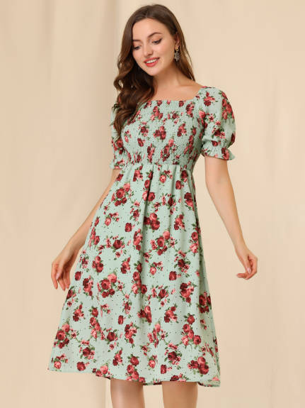 Allegra K- Square Neck Puff Sleeves Midi Smocked Floral Dress