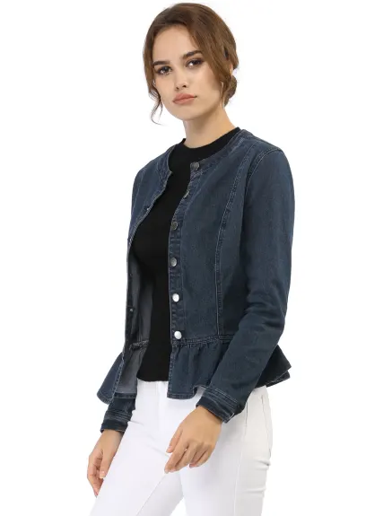 Allegra K - Veste en jean délavée courte à ourlet volanté