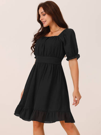 Allegra K - Puff Short Sleeve Square Neck Ruffle Dress