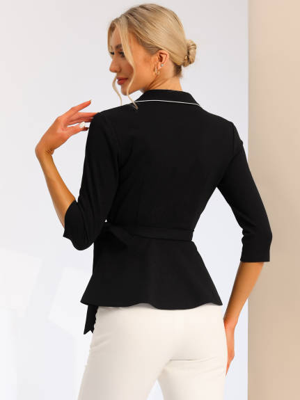 Allegra K - Tie Waist Notch Lapel Peplum Top