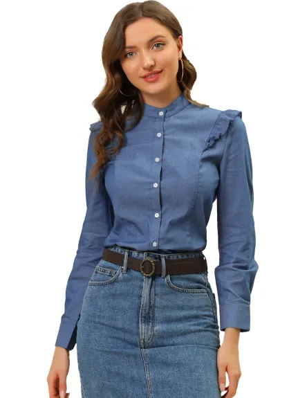 Allegra K- Denim Long Sleeve Stand Collar Ruffled Trim Shirt