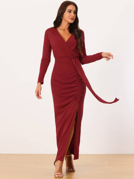 Allegra K- Maxi Bodycon V Neck Draped Front Ruched Cocktail Dress with Slit