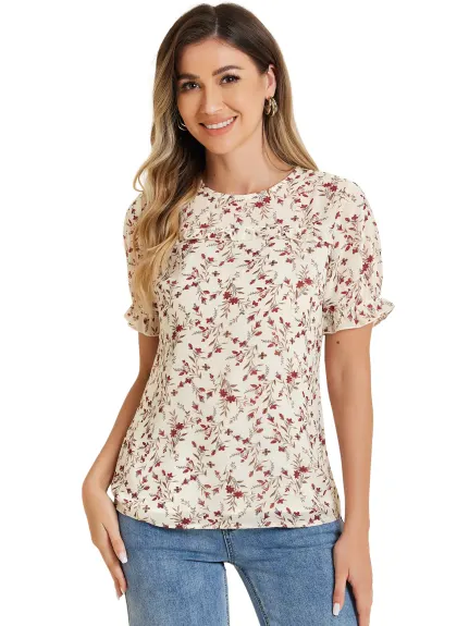 Allegra K- Chiffon Ruffled Trim Floral Blouse