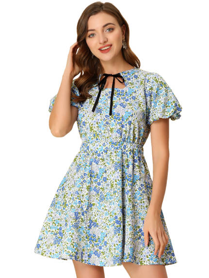 Allegra K- Keyhole Square Neck Floral Puff Sleeve Mini Dress