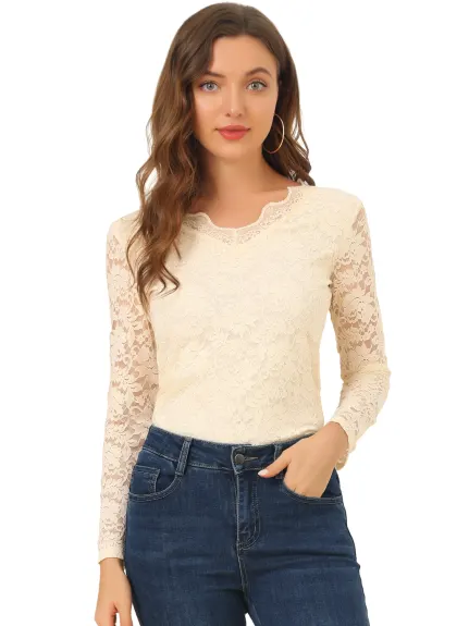Allegra K- Floral Embroidery Sheer Long Sleeve Lace Blouse