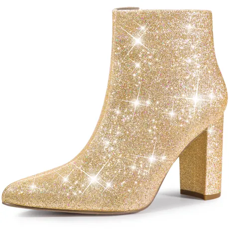 Allegra K - Pointed Toe Heeled Glitter Sparkly Ankle Boots