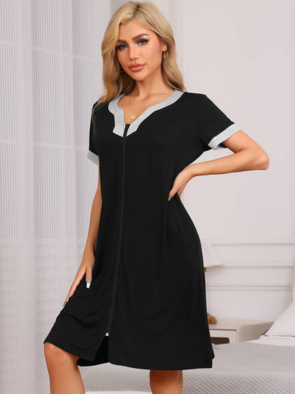 Cheibear - Zipper Front Short Sleeve Nightgown